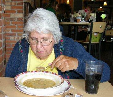cornchowder.jpg - This cold day on June 17, 2005 called for a hot bowl of Corn Chowder at the Riverfront Cafe. It is good.